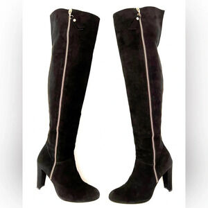 STUART WEITZMAN | Tall Knee High Heel Boots Black Suede Gold Exposed Zipper 8